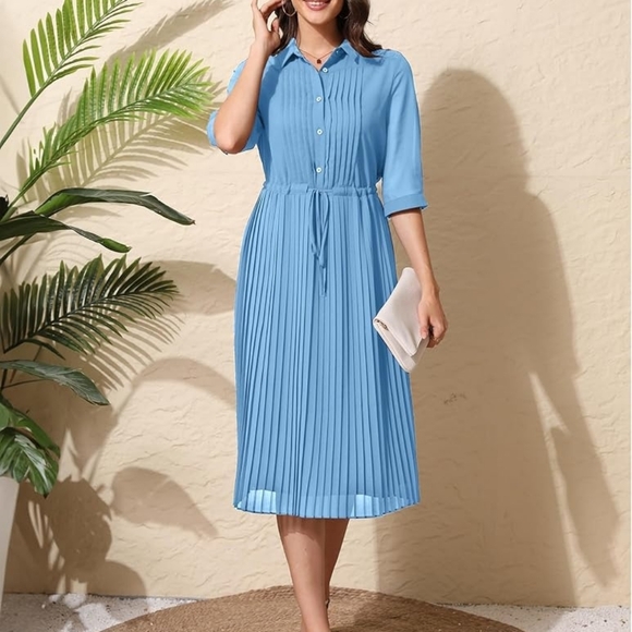 Chic Long Sleeve Blue Pleated Dress - Picture 5 of 9